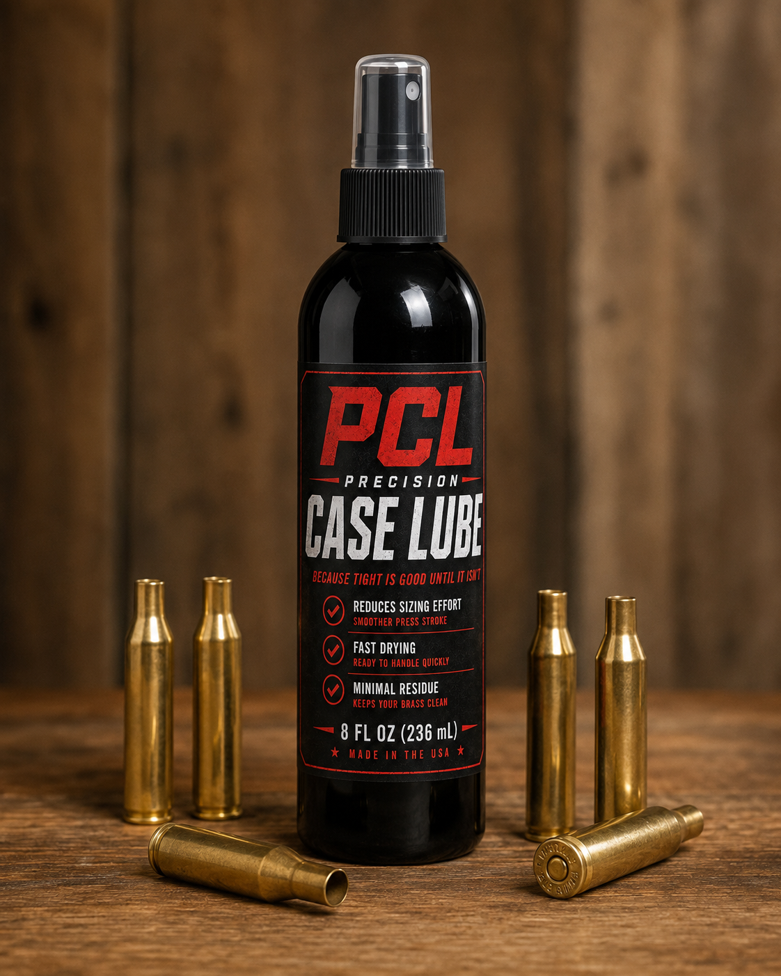 PCL Precision Case Lube 8 oz spray bottle with brass cases