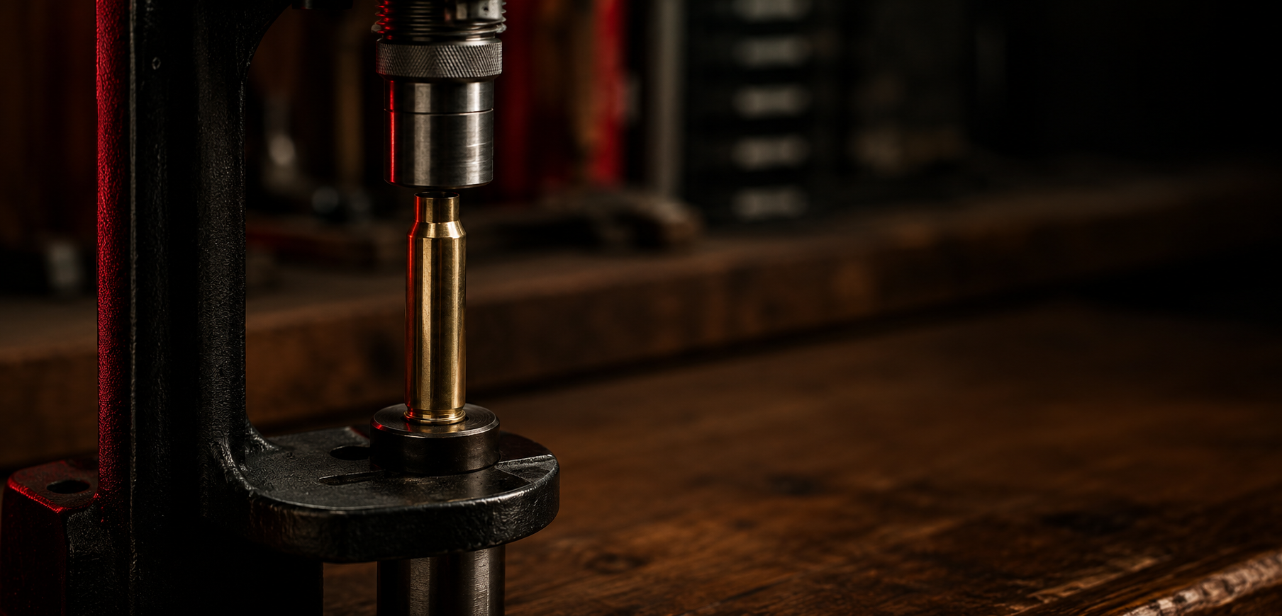 Brass case positioned beneath a sizing die in a reloading press